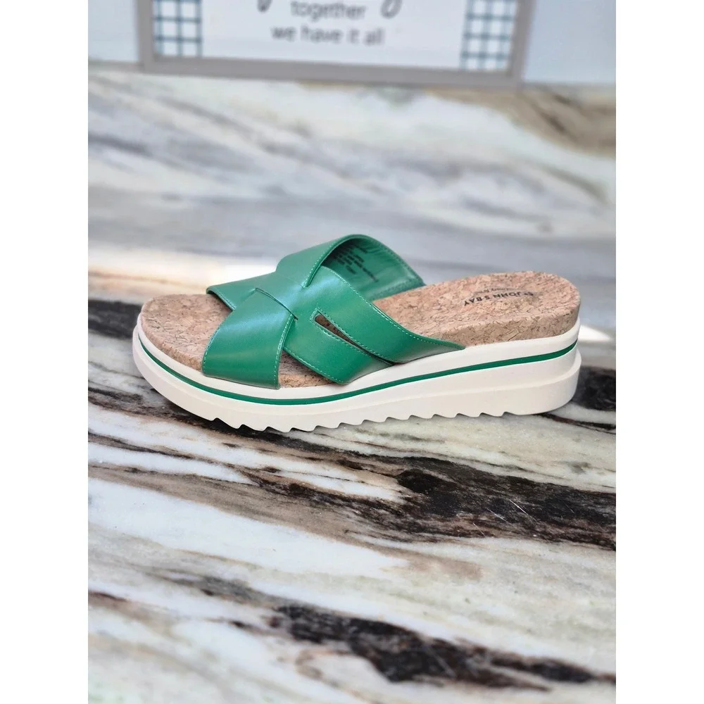 St Johns Bay Moat Green Platform Sandals Cork Memory Foam Slides Womens 9.5W